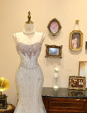 Exquisite Mermaid Spaghetti Strap Beaded Sequin Tulle Prom Dress Date Dress HZ1023