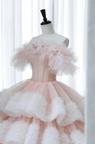 Ball Gown Off Shoulder Layered Pink Tulle Long Prom Dress HZ1023
