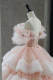 Ball Gown Off Shoulder Layered Pink Tulle Long Prom Dress HZ1023