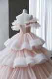 Ball Gown Off Shoulder Layered Pink Tulle Long Prom Dress HZ1023