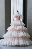 Ball Gown Off Shoulder Layered Pink Tulle Long Prom Dress HZ1023
