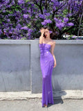 Stunning Sheath Spaghetti Strap Purple Sequin Long Party Dress Evening Dress HZ1023
