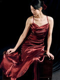 Charming Mermaid Spaghetti Strap Burgundy Satin Prom Dress Evening Dress HZ1023