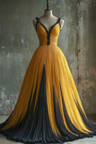 A Line Spaghetti Strap Yellow Black Chiffon Long Prom Dress Evening Dress HZ1023