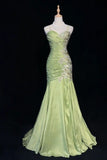Vintage Mermaid Sweetheart Neck Appliques Green Satin Long Party Dress Evening Dress HZ1023
