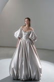 Grey Princess Ball Gown Long Sleeve Beaded Satin Prom Dress 16th Birthday Dress HZ1023