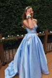 A Line V Neck Blue Satin Long Prom Dresses With Pocket HZ1023