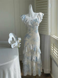 Gentle Mermaid Strap Print Flower Blue Chiffon Party Dress Evening Dress HZ1023