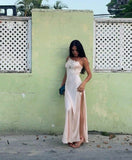 Simple A Line Spaghetti Strap Lace Satin Party Dress Wedding Guest Dress with Slit HZ1023