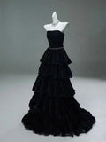 A Line Strapless Tiered Black Velvet Long Prom Dress Evening Dress HZ1023