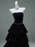 A Line Strapless Tiered Black Velvet Long Prom Dress Evening Dress HZ1023