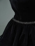 A Line Strapless Tiered Black Velvet Long Prom Dress Evening Dress HZ1023