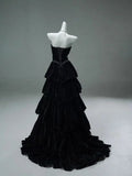 A Line Strapless Tiered Black Velvet Long Prom Dress Evening Dress HZ1023