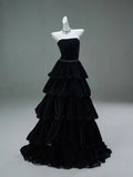A Line Strapless Tiered Black Velvet Long Prom Dress Evening Dress HZ1023
