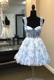 Blue Floral Printed Spaghetti Straps A-Line Short Corset Homecoming Dress HZ1023