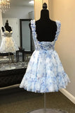 Blue Floral Printed Spaghetti Straps A-Line Short Corset Homecoming Dress HZ1023