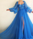 Tulle Evening Dress, Long Sleeves Long Prom Dress HZ1023