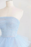 Blue A-Line Strapless Tulle Layers Long Prom Dress Evening Dress HZ1023