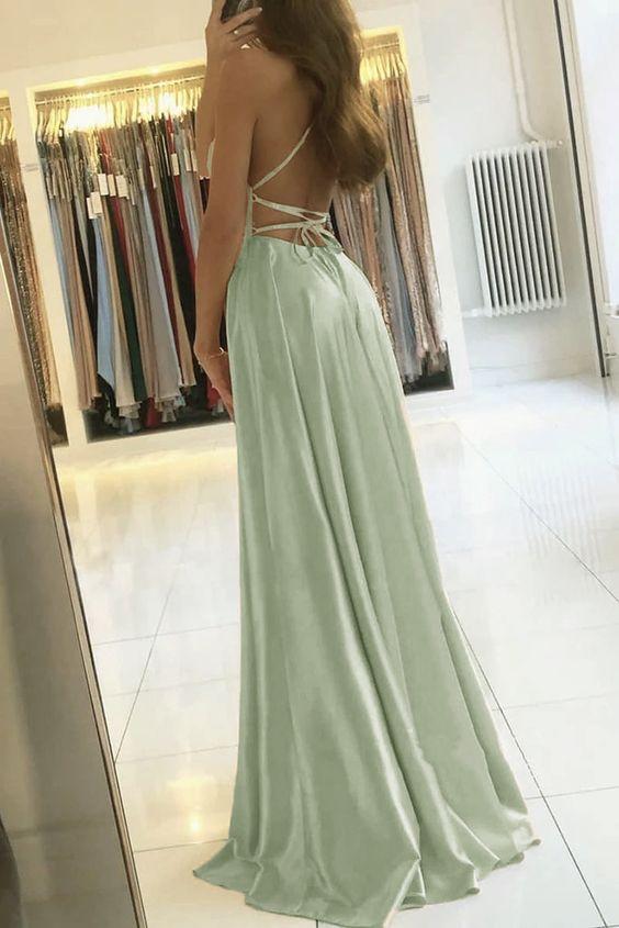 Simple A Line Sage Green Long Prom Dress With Slit Evening Party Dress HZ1023