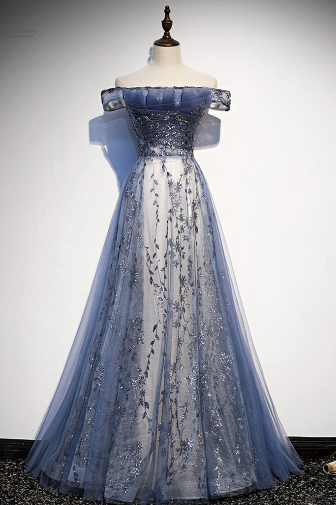 Stunning Blue Tulle Off Shoulder A Line Long Prom Dress, Evening Dress With Sleeve HZ1023