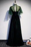 Deep Green Tulle Velvet Cap Sleeve Long Dress Customize Formal Prom Dress HZ1023
