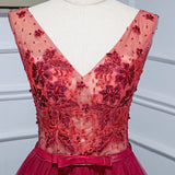 Burgundy V Neck Appliques Tulle Long Prom Dress Evening Dress HZ1023