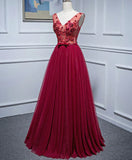 Burgundy V Neck Appliques Tulle Long Prom Dress Evening Dress HZ1023