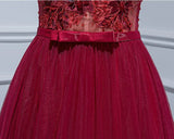 Burgundy V Neck Appliques Tulle Long Prom Dress Evening Dress HZ1023