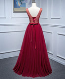 Burgundy V Neck Appliques Tulle Long Prom Dress Evening Dress HZ1023