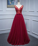 Burgundy V Neck Appliques Tulle Long Prom Dress Evening Dress HZ1023