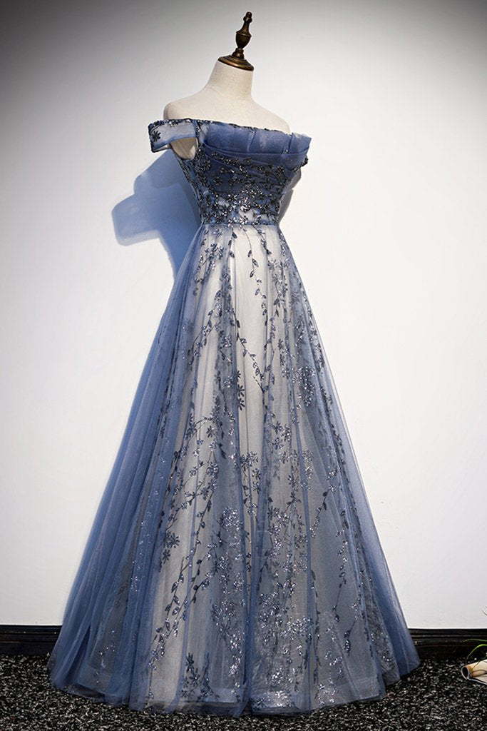 Stunning Blue Tulle Off Shoulder A Line Long Prom Dress, Evening Dress With Sleeve HZ1023