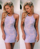 Lilac Sheath Halter Embroidery Tulle Satin Short Homecoming Dress Evening Dress HZ1023