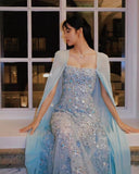 Romantic A Line Beaded Blue Chiffon Prom Dress Party Dress HZ1023