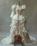 Princess A Line Long Sleeve Lace Ruffle Ivory Tulle Long Prom Dress Evening Dress HZ1023