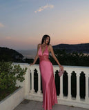 Pink A Line Halter Lace Satin Open Back Prom Dress Vacation Dress HZ1023