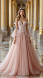 Light Pink A Line Off the Shoulder Applique Tulle Prom Dress 16th Birthday Dress Wedding Guest Dress HZ1023