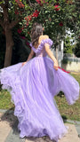 Lilac A-Line Flowy Tulle Evening Party Dresses Prom Dresses With Slit HZ1023