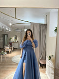 Princess Blue A Line Off the Shoulder Organza Prom Dress 16th Birthday Dress Date Dress with Slit HZ1023