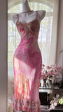 Pink Print Floral Sheath Spaghetti Straps Lace Chiffon Prom Dress Evening Dress HZ1023