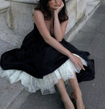 Princess Cute A Line Spaghetti Strap Black Satin White Tulle Party Dress Evening Dress HZ1023