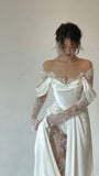 Gentle White A Line Long Sleeve Sequin Lace Satin Evening Dress Party Dress Wedding Dress HZ1023