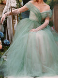 Green Princess Ball Gown Off the Shoulder Pearl Tulle Prom Dress Evening Dress HZ1023