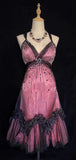 Retro A Line Straps Beaded Pink Satin Black Tulle Homecoming Dress Cocktail Dress HZ1023