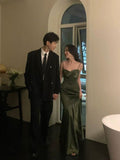 Dark Green Mermaid Spaghetti Strap Satin Prom Dress Wedding Guest Dress Date Dress HZ1023