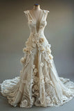 Gorgeous A Line V Neck Ivory Appliques 3D Flower Tulle Long Prom Dress Evening Dress HZ1023