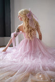 Star Sequin Pink A Line Straps Layered Tulle Date Dress Prom Dress Evening Dress HZ1023