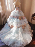 Romantic Hydrangea Flower Sweetheart Neck Ball Gown Layered Blue Organza Prom Dress Birthday Dress HZ1023