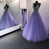 A-Line V-Neck Sweep Train Beaded Prom Dress HZ1023