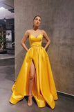 Yellow satin long prom dress simple yellow bridesmaid dress HZ1023