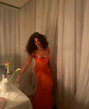 Sexy Orange Sheath Spaghetti Strap Chiffon Prom Dress Evening Dress Formal Dress with Slit HZ1023